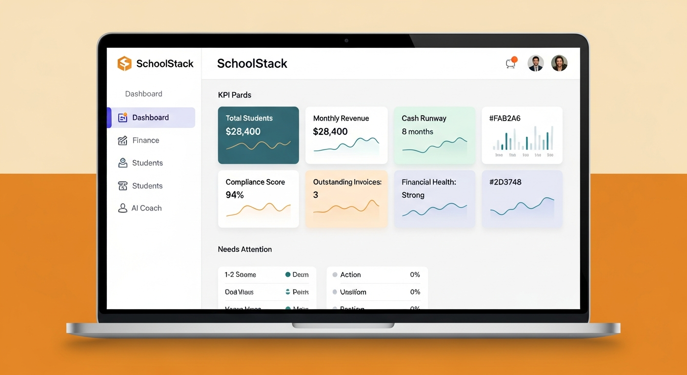 SchoolStack.ai dashboard preview showing financial KPIs, student tracking, and AI coaching features